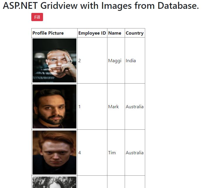 asp.net gridview images table