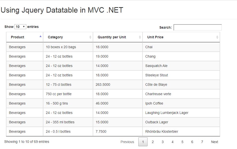 ASP.NET MVC Jquery Datatable - Table from SQL Database