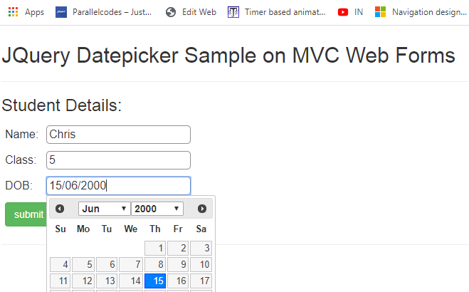 MVC Jquery datepicker - Sample