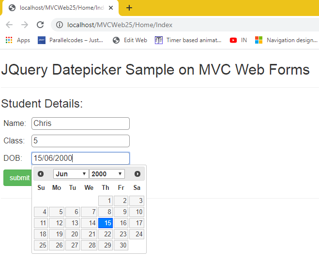 MVC Jquery datepicker - Sample